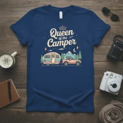 Queen of the Camper t-shirt design featuring a vintage camper, car, mountains, trees, and stars