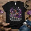 Queen Of The Rodeo Nights & Neon Dreams text with a cowgirl illustration on a black t-shirt