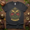 Queen Of The Sun T-Shirt design with a prominent bee, lotus flowers, and decorative border