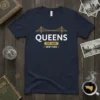 Navy t-shirt with "Queens Est 1653 New York" text and bridge graphic