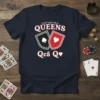 QUEENS Qca Q♥ t-shirt design featuring spade and heart queen cards, white decorative flourish above text