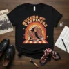 Black t-shirt with "Queens of Happiness" text, retro rainbow, and patterned shoes graphic