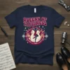 Queens of Tappiness text with three dancing figures and musical notes graphic on a navy t-shirt