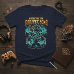 Dragon playing guitar with text "Quest for the Perfect Song" on a navy t-shirt