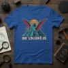 Quetzalcoatlus t-shirt design featuring a flying reptile over a Mayan pyramid, with text "QUETZALCOATLUS" below