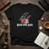 Quid Poe Quo T-Shirt with a raven on books and a feather, black tee with white text and red accents