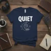 Navy blue t-shirt with white text "QUIET" and a graphic of a sleepy owl on a moon with stars