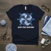 Navy t-shirt with a blue patchwork star design and "QUILT STAR CREATIONS" text