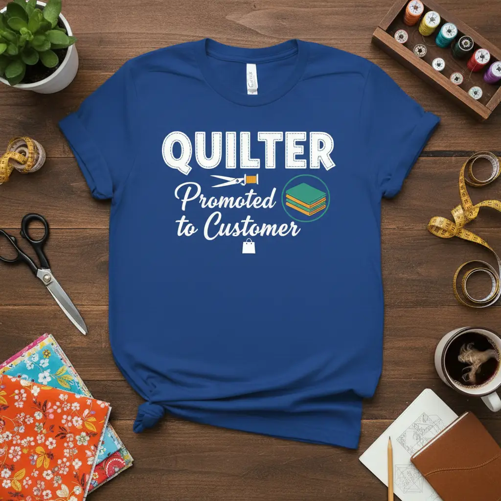 Blue t-shirt featuring the quote QUILTER Promoted to Customer with sewing graphics