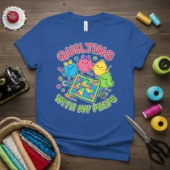 Quilting With My Peeps t-shirt with cute birds sewing a colorful quilt, text in pink and green
