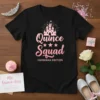 Black t-shirt with pink text "Quince Squad HERMANA EDITION" and a pink castle graphic, celebrating a Quinceañera sister