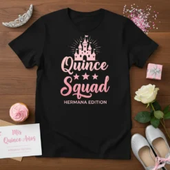 Black t-shirt with pink text "Quince Squad HERMANA EDITION" and a pink castle graphic, celebrating a Quinceañera sister