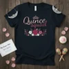 Black t-shirt with "Quince squad" text in pink gradient and floral rose border, perfect for Quinceañera celebrations