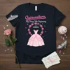 Quinceañera My Fairy Tale Beginning text with a pink dress and floral crown graphic on a navy t-shirt
