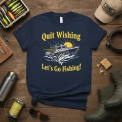 Navy blue t-shirt with yellow text "Quit Wishing Let's Go Fishing!" featuring a boat and bass fish graphic