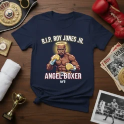 T-shirt design featuring R.I.P. Roy Jones Jr. with boxing gloves and halo, text reads ANGEL BOXER AVB