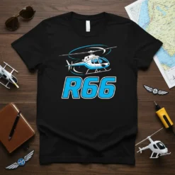 Black t-shirt featuring a blue and white R66 helicopter graphic with the text "R66" in bold blue font