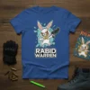 Rabid Warren t-shirt design featuring a cartoon rabbit with a gun and sharp teeth, breaking through a blue background