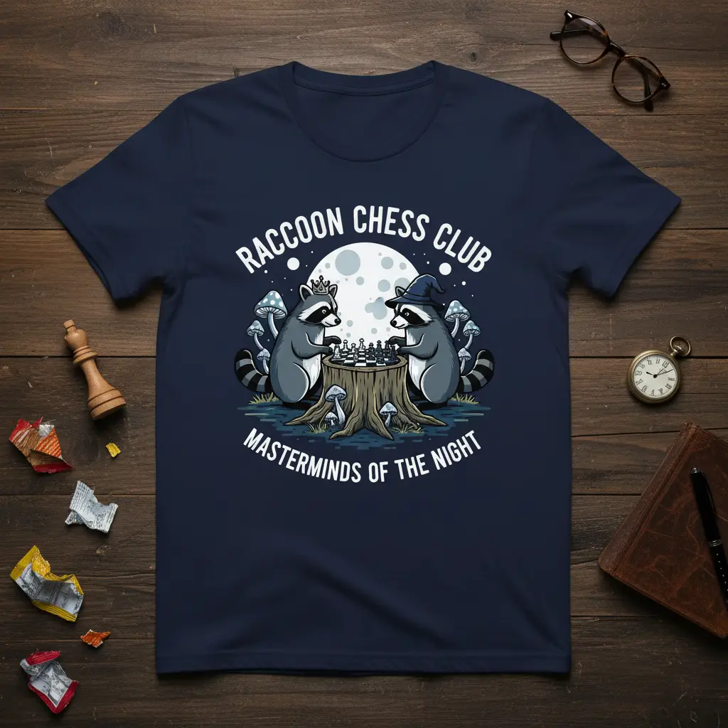 Raccoon Chess Club Masterminds of the Night design with raccoons playing chess under a moonlit sky and mushrooms