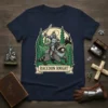 Raccoon Knight T-Shirt design featuring a raccoon wearing knight armor and riding through a forest