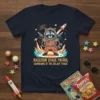 Raccoon in astronaut suit holding ray guns, text "RACCOON SPACE PATROL GUARDIANS OF THE GALAXY TRASH" on a navy t-shirt