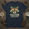 Raccoon Woodland Spirit text design with a cute raccoon face graphic, featuring earthy colors and a rustic vibe