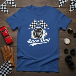 Race Day t-shirt with checkered flags, a spinning tire graphic, and stars in white design