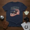 Race Day USA t-shirt design with a jockey riding a horse in front of the American flag