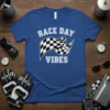 Race Day Vibes T-Shirt with a black and white checkered flag graphic and collegiate style font