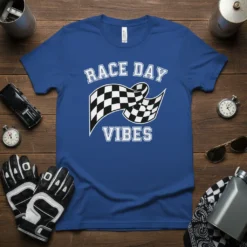 Race Day Vibes T-Shirt with a black and white checkered flag graphic and collegiate style font