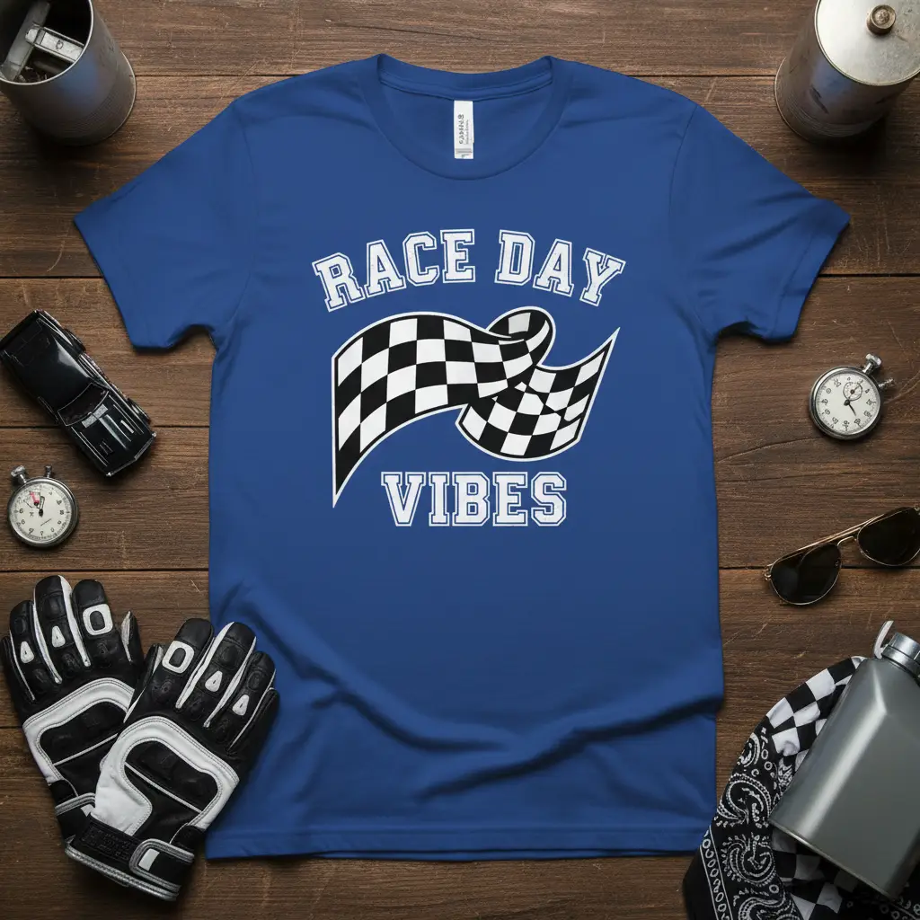 Race Day Vibes t-shirt design with checkered flag and sporty text for racing enthusiasts