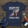 Racewalkers Do It With Straight Knees graphic tee featuring a female racewalker illustration and bold text