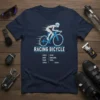 Navy blue t-shirt featuring a graphic of a cyclist on a racing bicycle with text "RACING BICYCLE" and a list