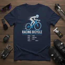 Navy blue t-shirt featuring a graphic of a cyclist on a racing bicycle with text "RACING BICYCLE" and a list