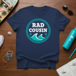 Navy blue t-shirt with "Rad Cousin" text in a circular turquoise design featuring waves and palm trees