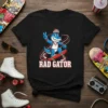 Rad Gator text and cartoon alligator riding a skateboard, in a retro style graphic design