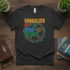Radicalized By Basic Decency text design with gears and leaves, on a black t-shirt
