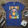 Radiology Chick T-Shirt featuring a cute chick with bunny ears holding an X-ray, surrounded by retro flowers and groovy font