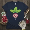 Radish RAD graphic t-shirt with bold red lettering inside a radish illustration, perfect for gardeners