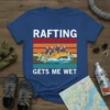 Rafting Gets Me Wet text design with vintage sunset stripes and people in a raft on wavy water