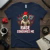 Rage Consumes Me T-Shirt design with an angry Siamese cat in front of a broken computer screen and keyboard, featuring