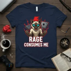 Rage Consumes Me T-Shirt design with an angry Siamese cat in front of a broken computer screen and keyboard, featuring