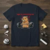Capybara lifting a heavy barbell with the text "rage is consuming me" above, on a navy t-shirt