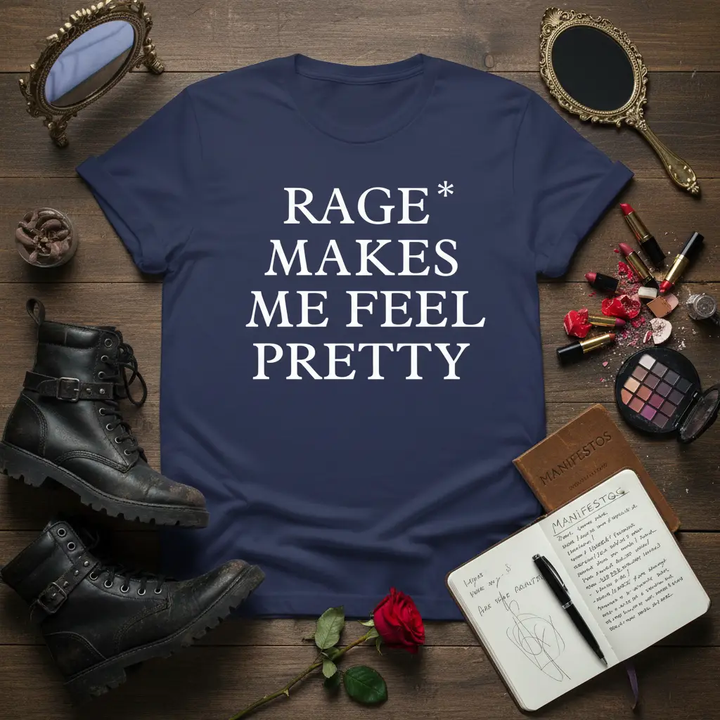 RAGE* MAKES ME FEEL PRETTY quote on a navy t-shirt, featuring bold white typography and an asterisk detail