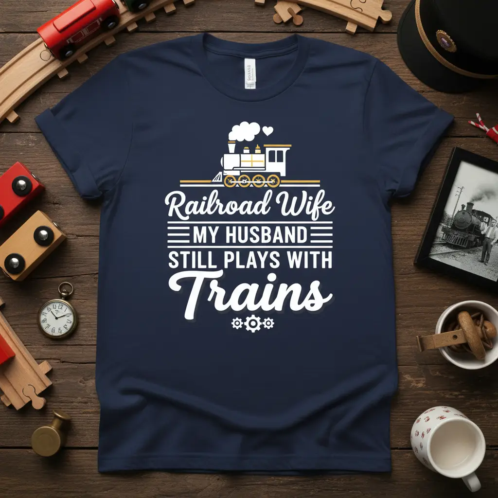 Railroad Wife MY HUSBAND STILL PLAYS WITH Trains quote with steam engine graphic on a navy tee