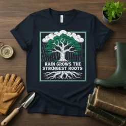 T-shirt with white text "Rain Grows The Strongest Roots" over an illustration of a tree with strong roots and rain