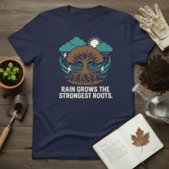 T-shirt design with the quote "Rain Grows The Strongest Roots" above a graphic of a tree with strong roots during