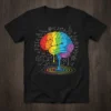 Rainbow brain design with colorful equations and symbols, on a black t-shirt, representing Rainbow Brain Math Equations