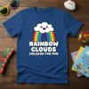 Rainbow Clouds Unleash The Fun text with a cute cloud and rainbow graphic on a blue t-shirt for kids