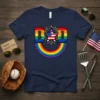 Rainbow Dad American Flag Pride T-Shirt design featuring colorful letters and a patriotic star with fireworks